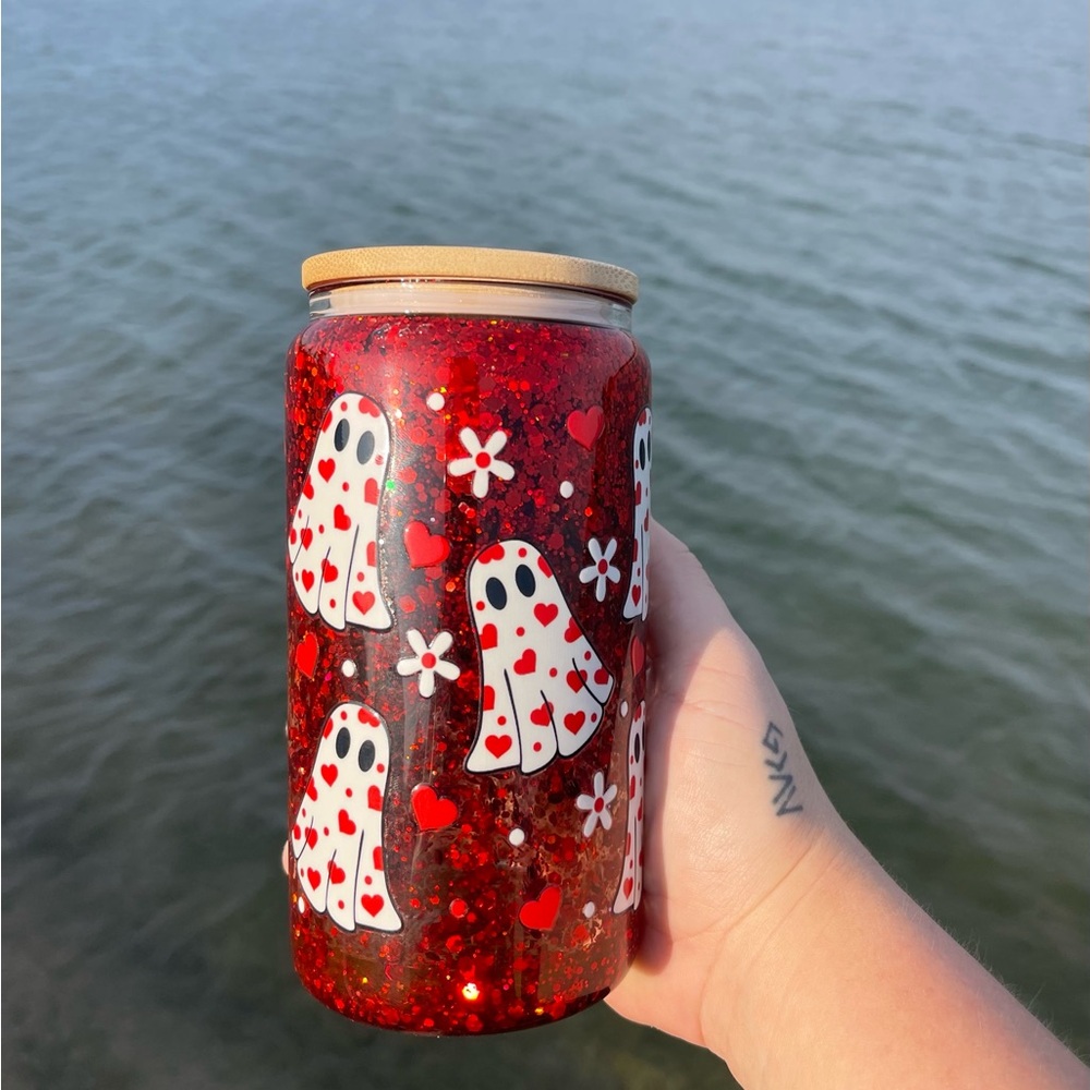 Custom Homeade glitter snowglobe cup! 16 oz glass